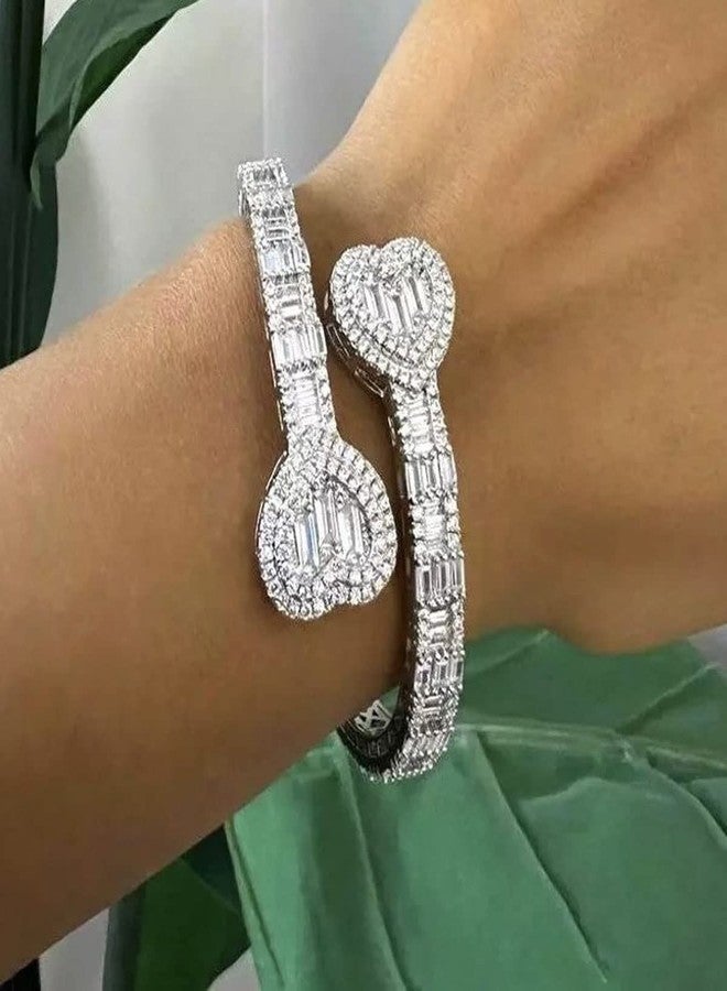 Jacruces Silver Bracelets Bangle Bracelets for Women Adjustable Heart Cuff Bracelets Cubic Zirconia Iced Out Bracelet Men Women Trendy Wedding Bridesmaids Bling Hip Hop Jewelry Mothers Day Gifts 7inch - Image 5